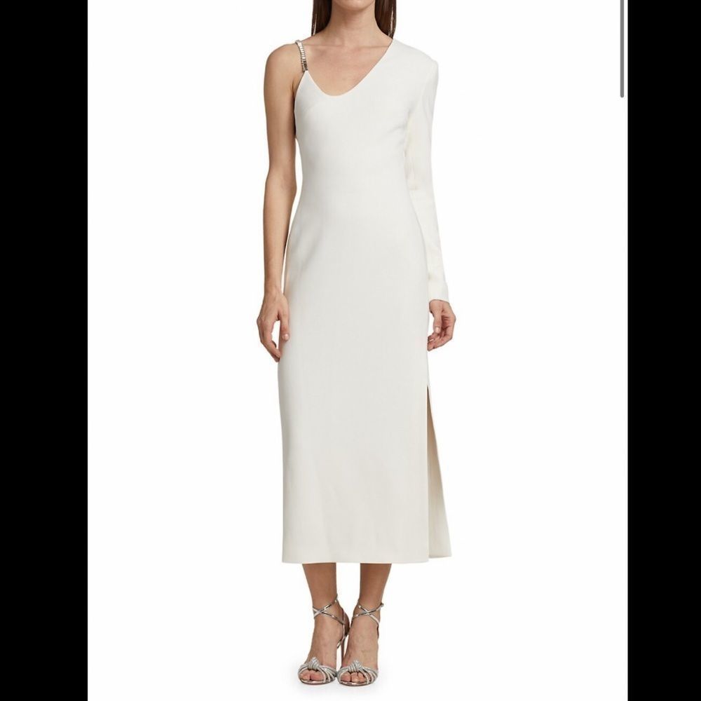 NWT DAVID Koma Asymmetrical Crystal Strap Midi Dress US 6 $1550